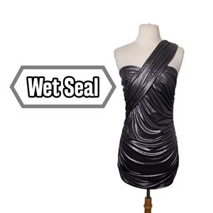 Wet Seal Metallic One-Shoulder Shimmer Gray Silver Black Stretch Dress